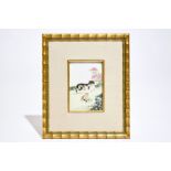 A small framed Chinese famille rose plaque depicting playing cat, 19/20th C.