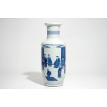 A Chinese blue and white rouleau vase with a court scene, 19/20th C.