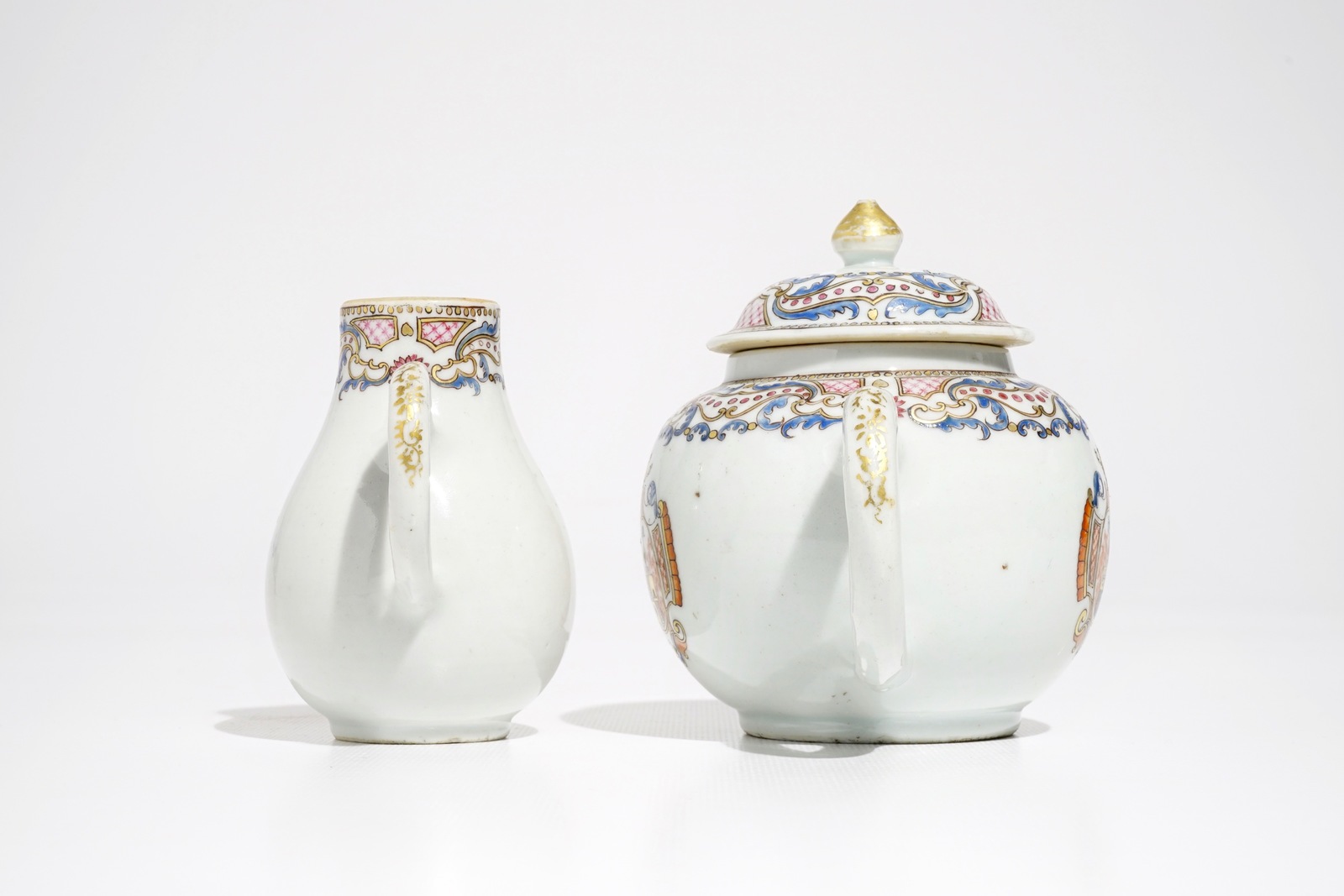 A Chinese famille rose armorial teapot and milk jug, Qianlong - Image 5 of 7