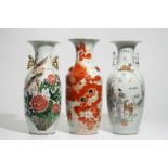 Three tall Chinese famille rose and iron-red vases, 19/20th C.