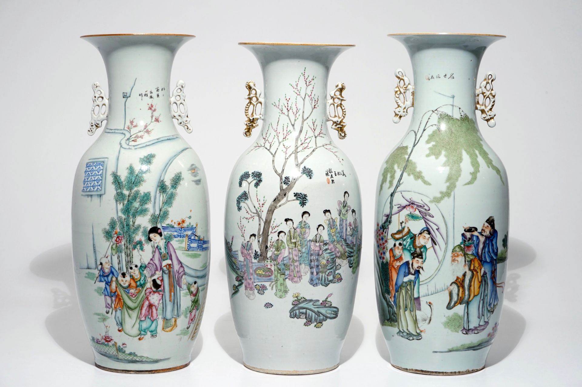 Three tall Chinese famille rose vases with calligraphy, 19/20th C.