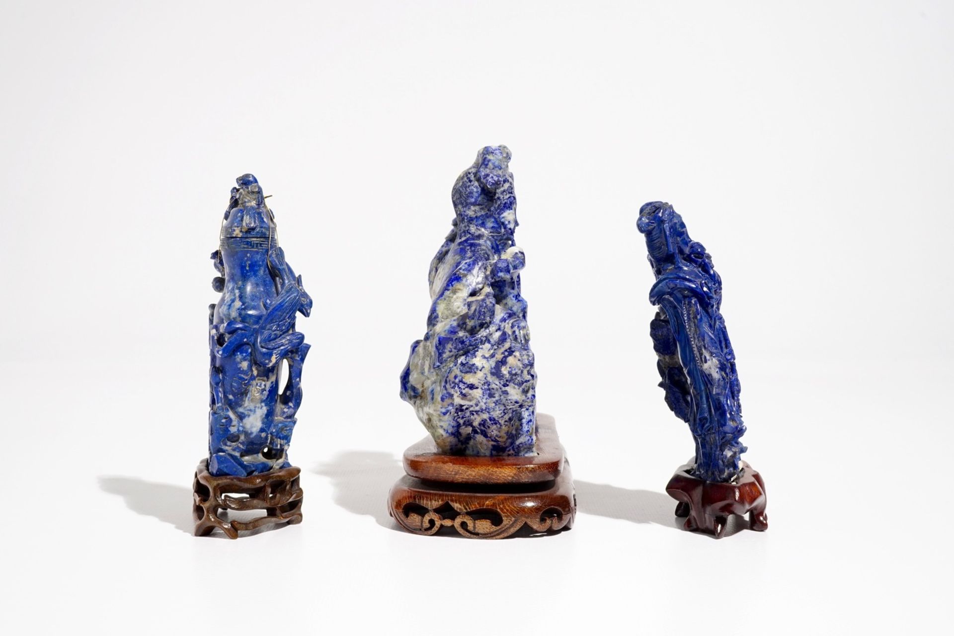 Three Chinese lapis lazuli sculptures on wooden stands, 20th C. - Image 3 of 7