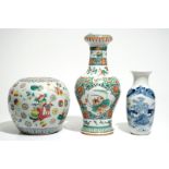 Three various Chinese famille rose, verte and blue and white vases, 19th C.