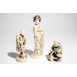 Three signed Japanese ivory okimono, Meiji, 19th C.