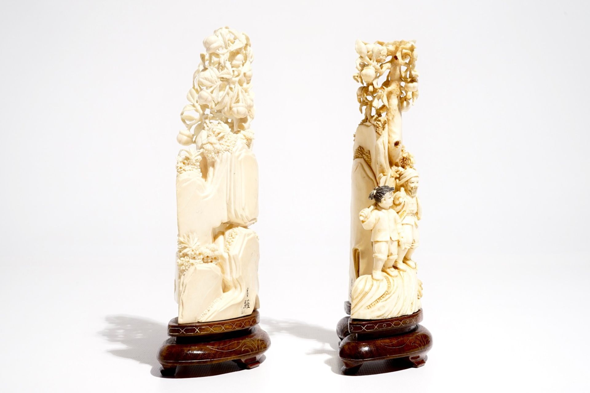 Two Chinese carved ivory groups on wooden base, 2nd quarter 20th C. - Image 3 of 8