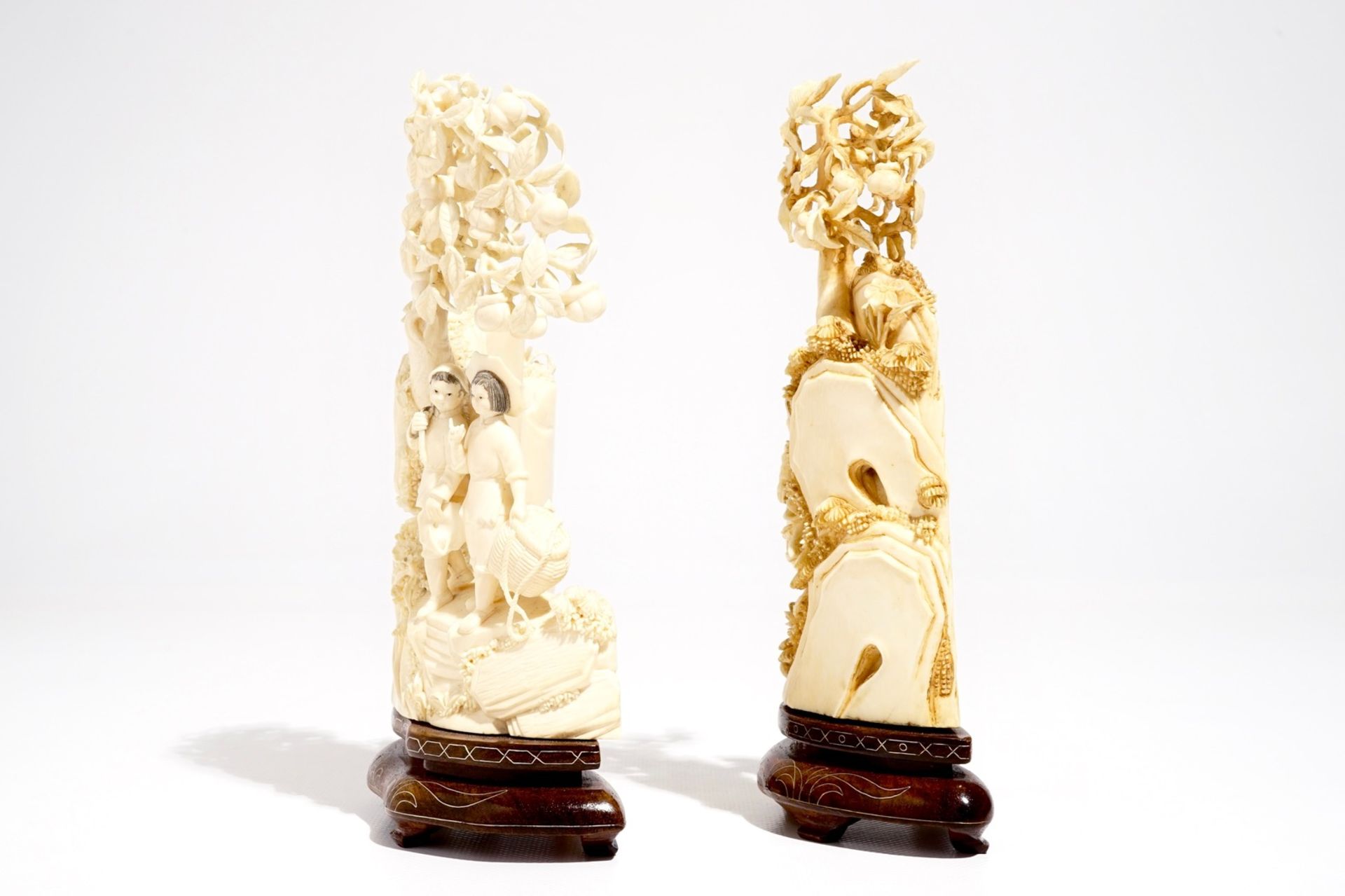 Two Chinese carved ivory groups on wooden base, 2nd quarter 20th C. - Image 5 of 8