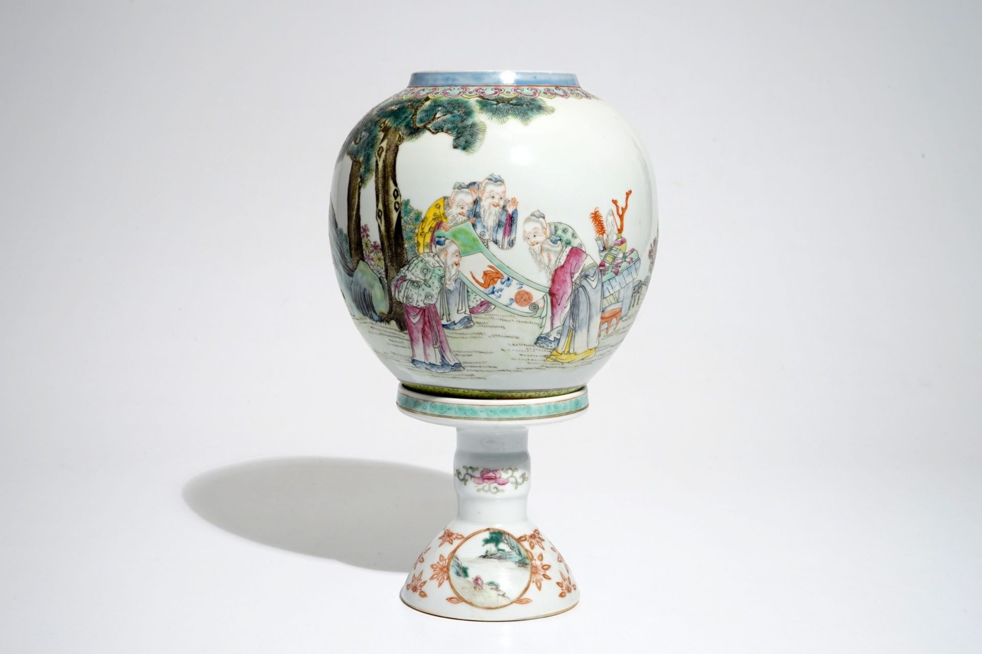 A Chinese famille rose eggshell porcelain lantern on stand, Republic, 20th C.