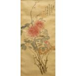 A Chinese silk painting depicting peony flowers, 19th C.