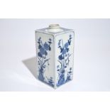 A Japanese Arita blue and white square canister with floral design, 17/18th C.