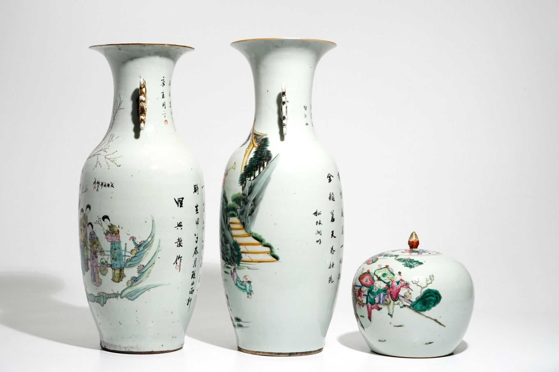 Two tall Chinese famille rose vases and a ginger jar, 19/20th C. - Image 2 of 6