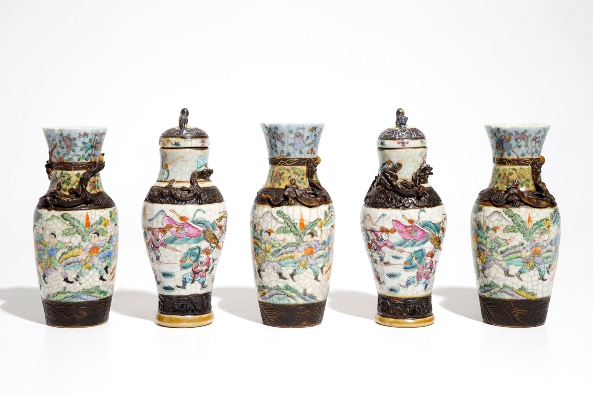 Two Chinese Nanking famille rose covered vases and three Nanking famille verte vases, 19th C. - Image 2 of 6