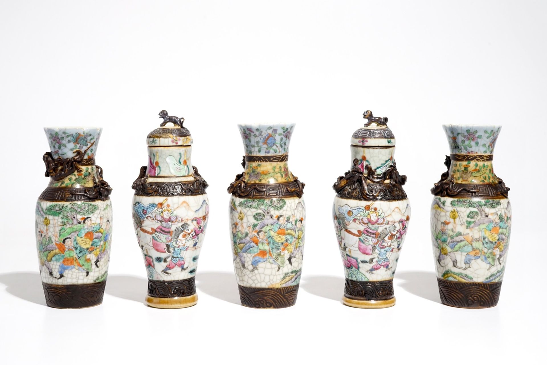 Two Chinese Nanking famille rose covered vases and three Nanking famille verte vases, 19th C. - Image 3 of 6