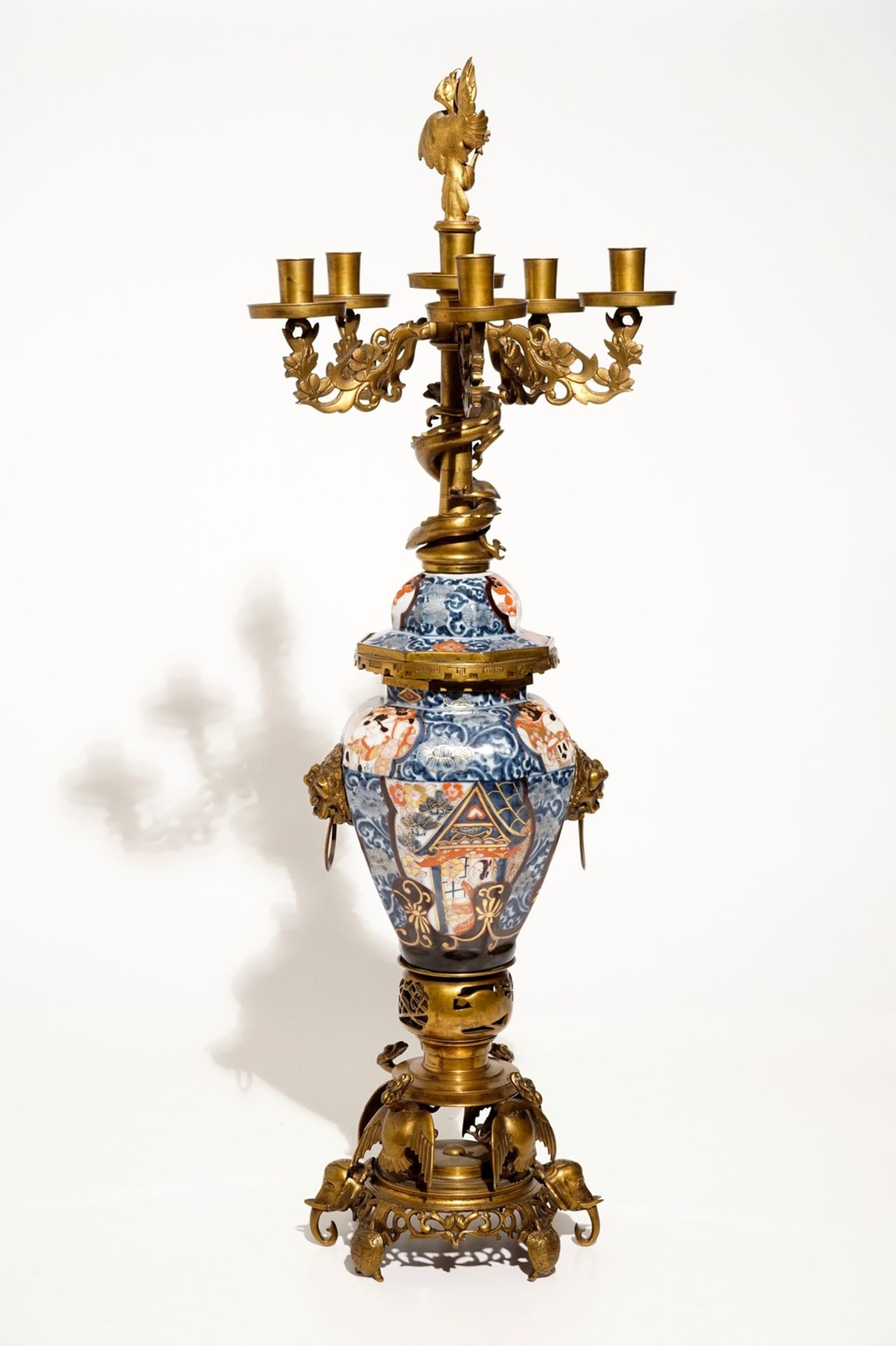 A large brass and gilt bronze-mounted Japanese Imari vase and cover candelabra, 19th C. - Image 3 of 6