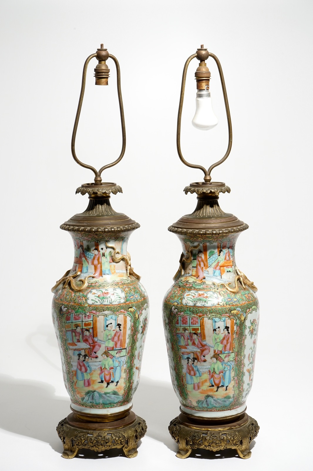 A pair of bronze-mounted Chinese Canton famille rose vases, transformed into lamps, 19th C. - Image 3 of 6