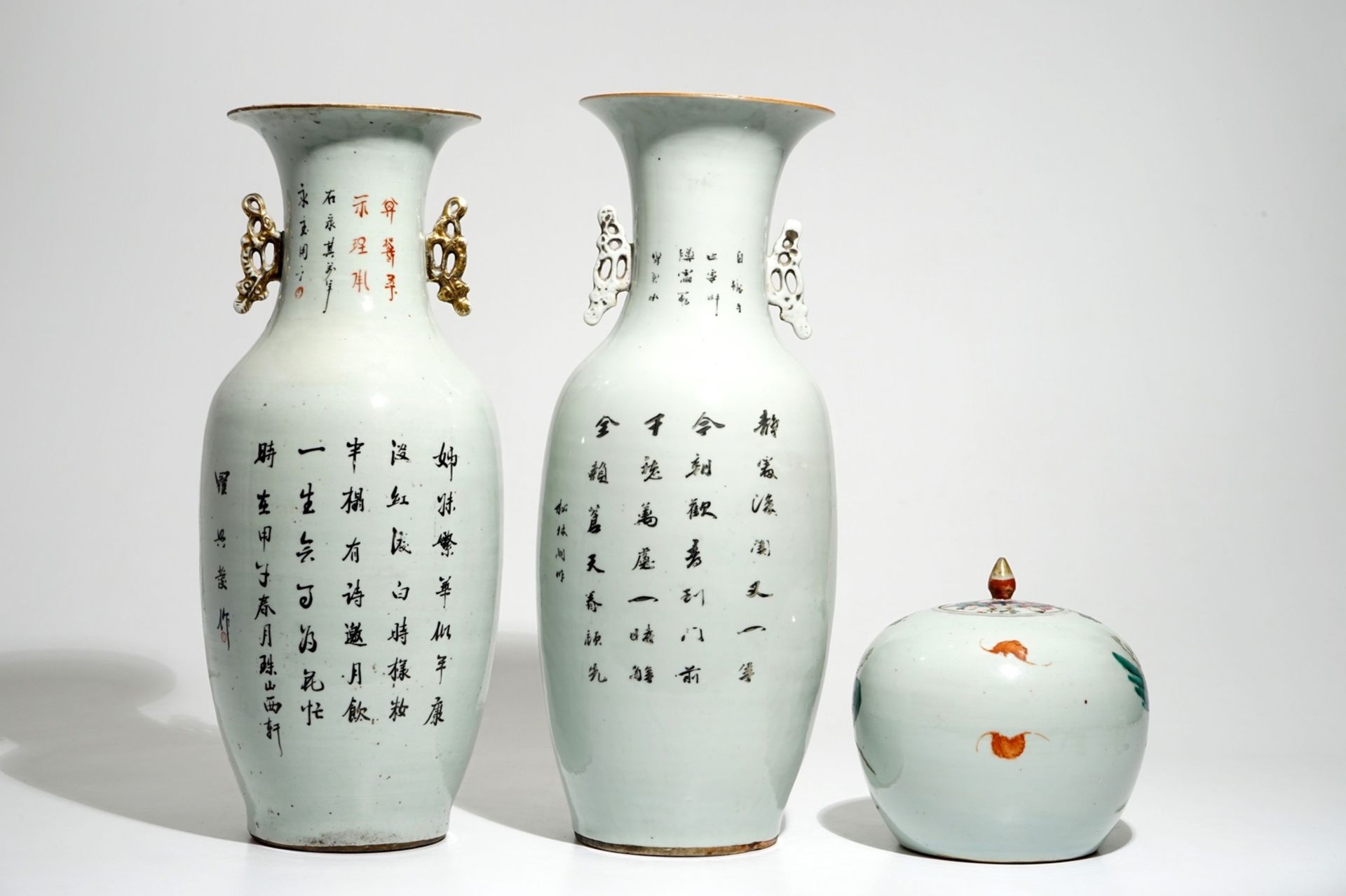 Two tall Chinese famille rose vases and a ginger jar, 19/20th C. - Image 3 of 6