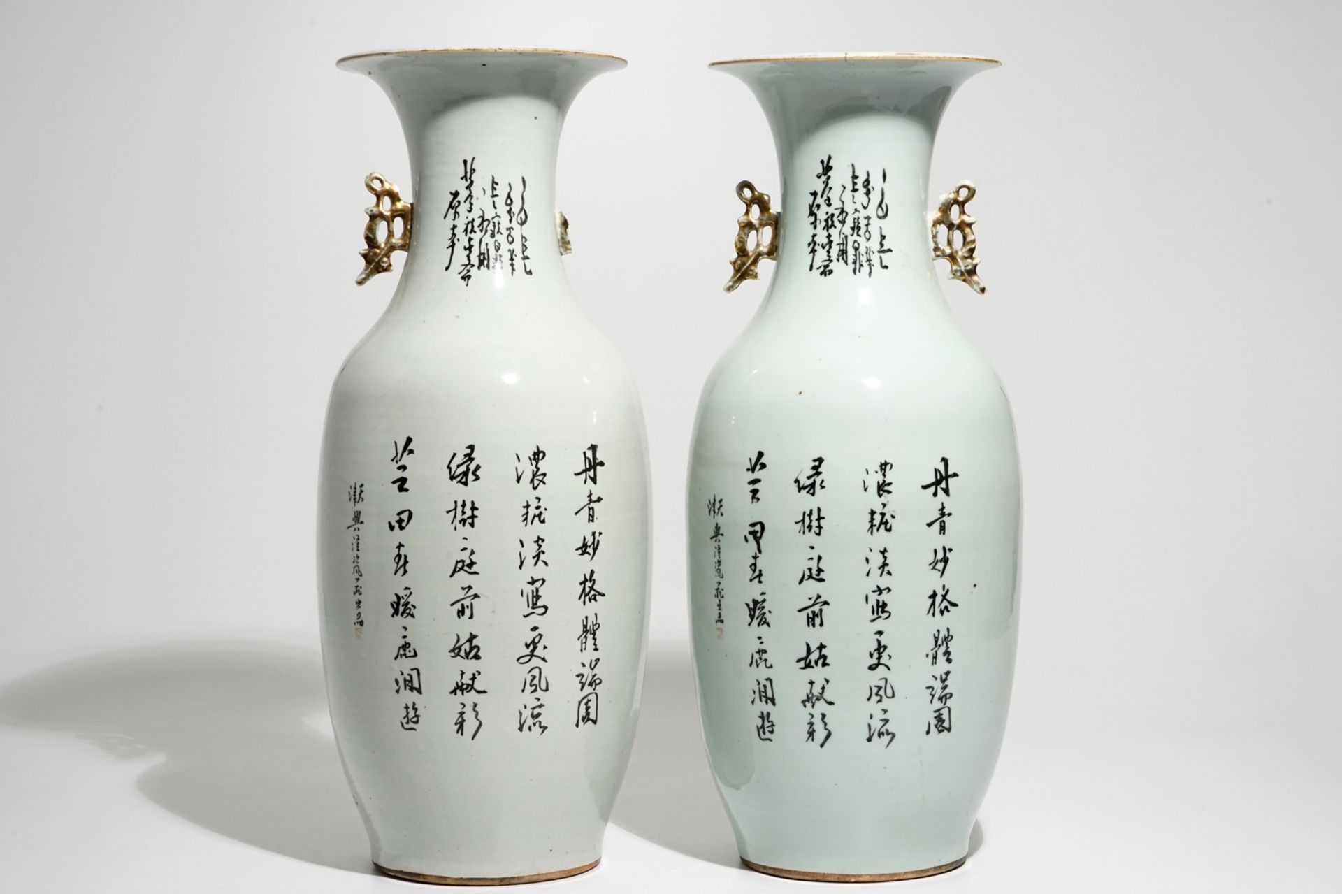 A pair of Chinese famille rose vases with female immortals, 19/20th C. - Image 3 of 6