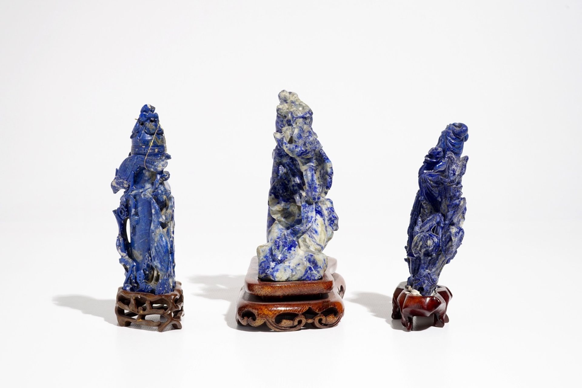 Three Chinese lapis lazuli sculptures on wooden stands, 20th C. - Image 5 of 7