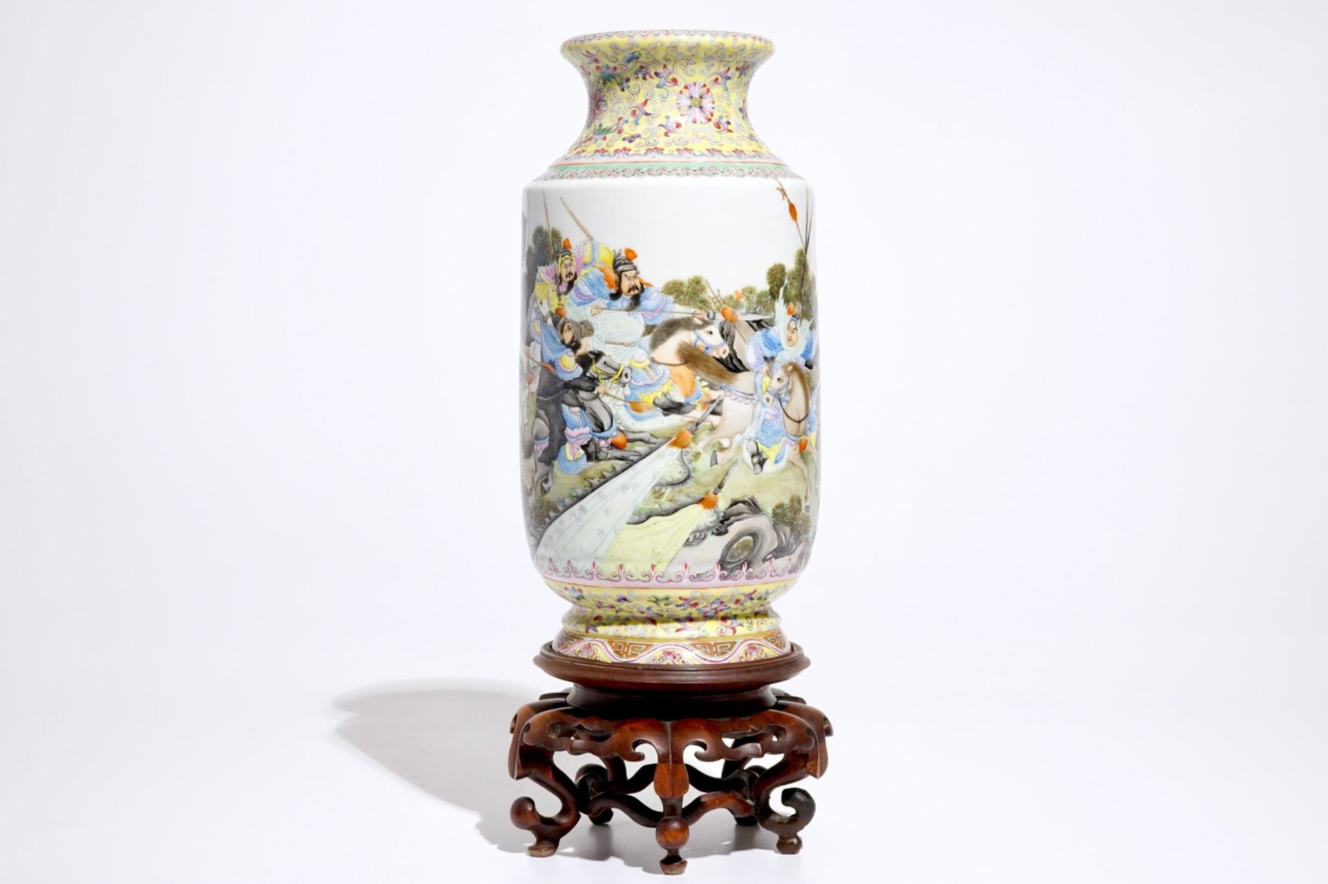 A Chinese famille rose warriors vase, Qianlong mark, Republic, 20th C.