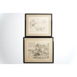 Two framed Chinese paintings of a landscape and a bird on branch, 18/19th C.