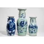 Two Chinese vases with blue and white design on celadon-ground and a dragon vase, 19th C.