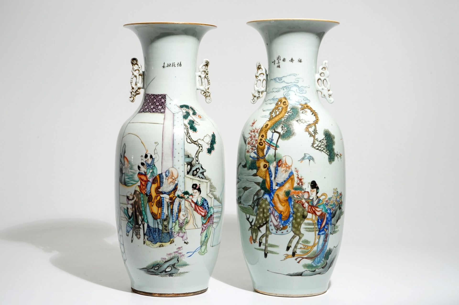 Two Chinese famille rose vases with immortals, 19/20th C.