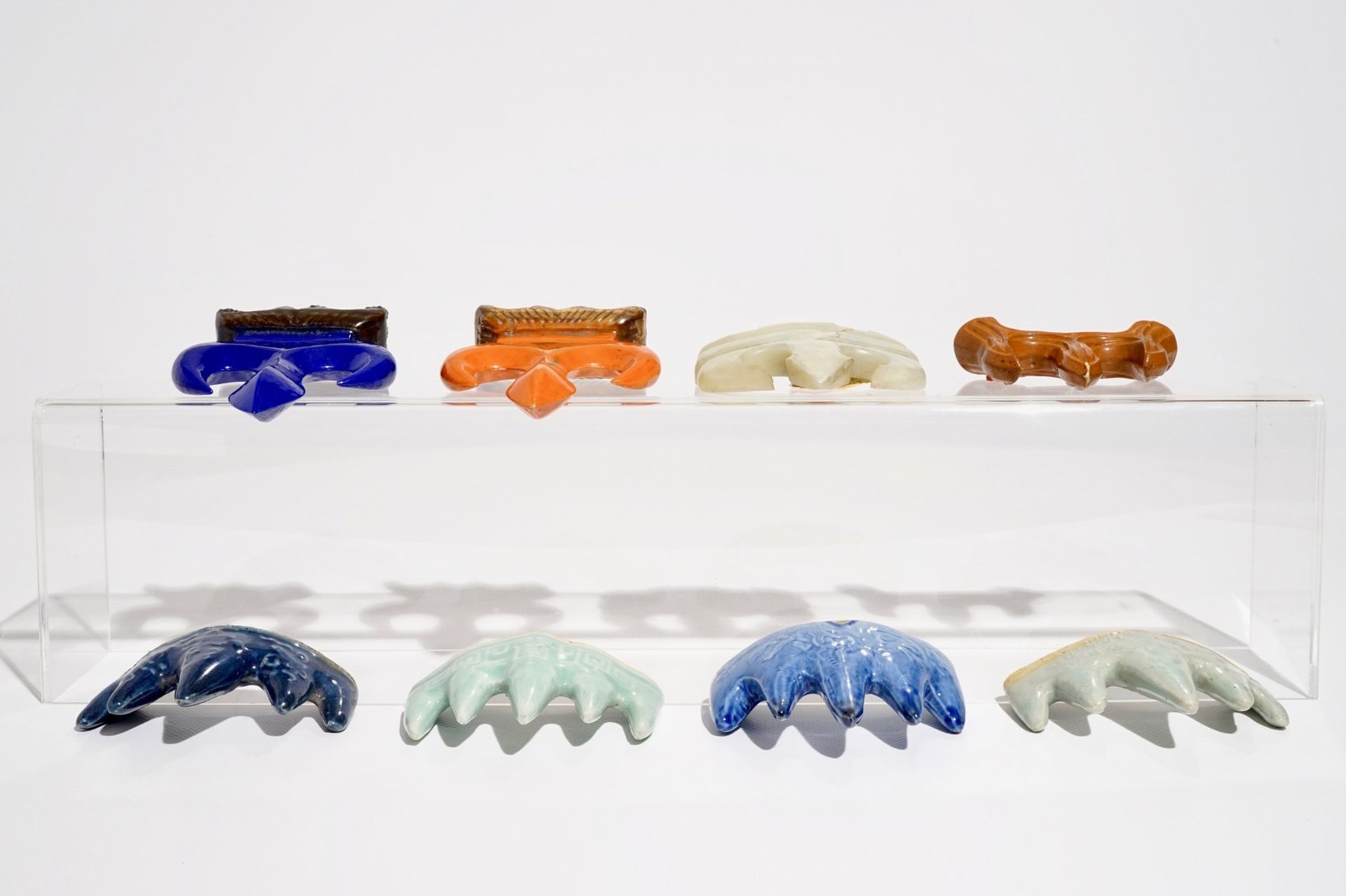 Eight various Chinese porcelain and hardstone brush rests, 19/20th C. - Image 6 of 10