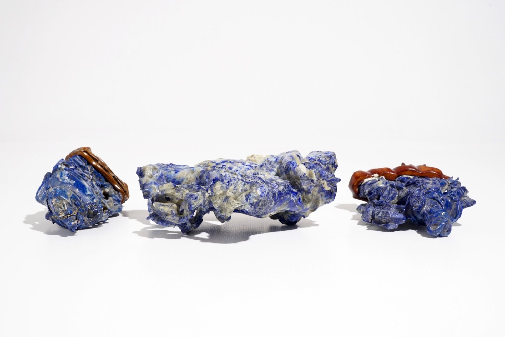 Three Chinese lapis lazuli sculptures on wooden stands, 20th C. - Image 7 of 7