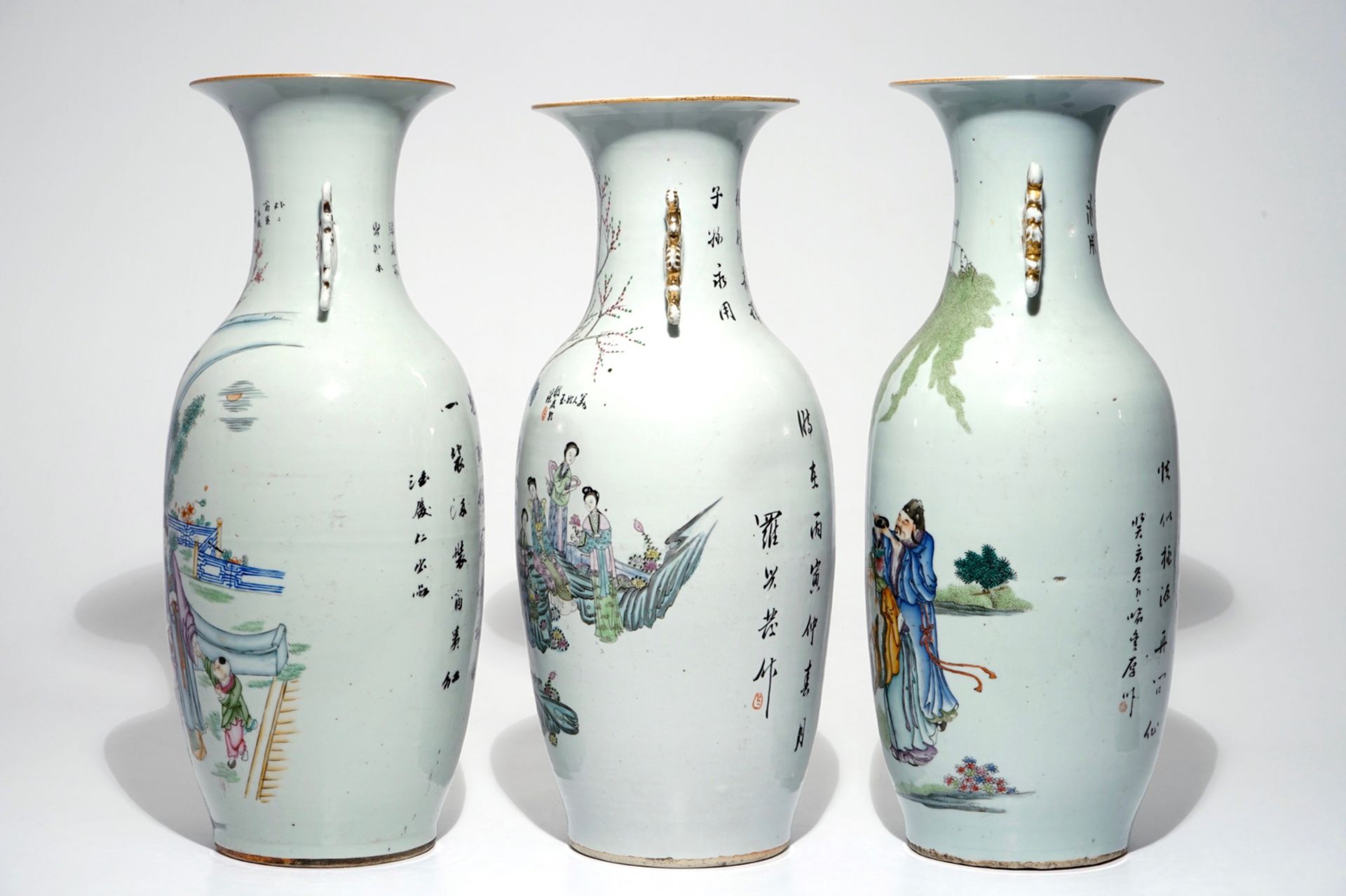 Three tall Chinese famille rose vases with calligraphy, 19/20th C. - Image 2 of 6