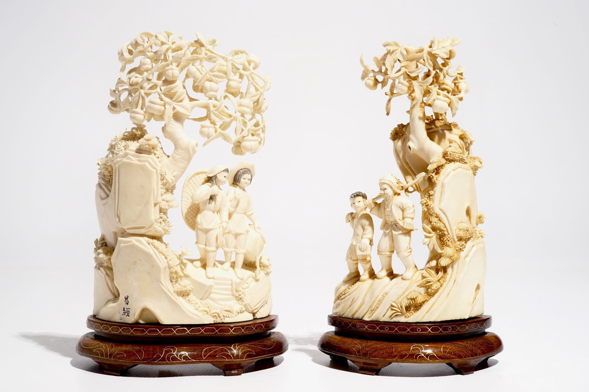 Two Chinese carved ivory groups on wooden base, 2nd quarter 20th C. - Image 2 of 8