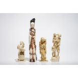 Four Chinese and Japanese ivory and bone figures and okimono, 19/20th C.