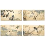 Four Chinese watercolours with birds among flowering branches and calligraphy, framed, 19th C.