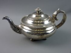 A SILVER TEAPOT of circular bullet form and of stepped design with a narrow pedestal having four