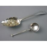 A GEORGIAN SILVER FRUIT SERVING SPOON, 1.7 troy ozs, London 1812 and a silver castor spoon with