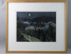 WILF ROBERTS acrylic on paper - moonlit landscape with cottage, entitled verso 'Farmhouse in