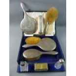 TWO, THREE PIECE SILVER BACKED DRESSING TABLE BRUSH & MIRROR SETS, one cased, Chester hallmarks