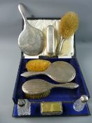 TWO, THREE PIECE SILVER BACKED DRESSING TABLE BRUSH & MIRROR SETS, one cased, Chester hallmarks