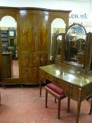 A GOOD CIRCA 1900 INLAID MAHOGANY THREE PIECE BEDROOM SUITE of double mirrored wardrobe with bow