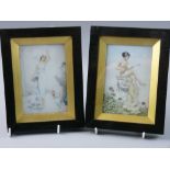 A PAIR OF FRAMED PORCELAIN PANELS, one of a young standing lady feeding doves and the other a nude