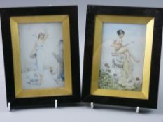 A PAIR OF FRAMED PORCELAIN PANELS, one of a young standing lady feeding doves and the other a nude