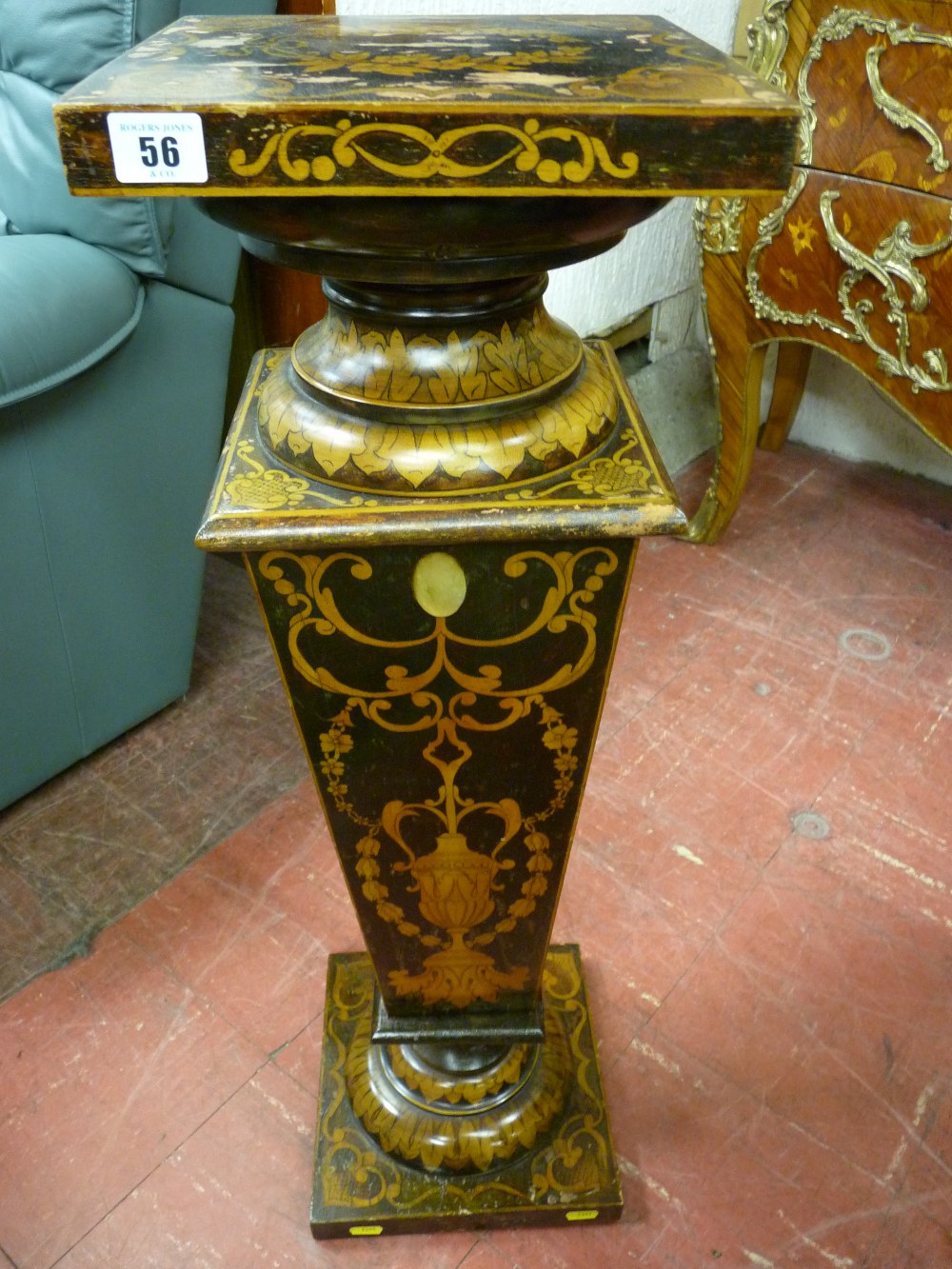 A STENCIL DECORATED FAUX INLAID JARDINIERE STAND, near square top and base with turned and