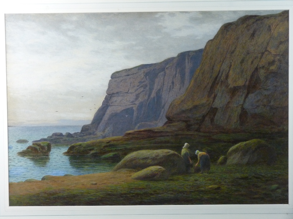 JOSEPH KNIGHT watercolour - two females working on a beach, entitled verso 'Collecting Seaweed',