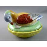 A LATE 19th CENTURY STAFFORDSHIRE POTTERY DUCK ON NEST with young by its side, well coloured and