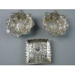 A SMALL SQUARE SILVER DISH, heart and scroll decorated, 0.8 troy ozs, Sheffield 1864 and a pair of