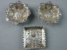 A SMALL SQUARE SILVER DISH, heart and scroll decorated, 0.8 troy ozs, Sheffield 1864 and a pair of