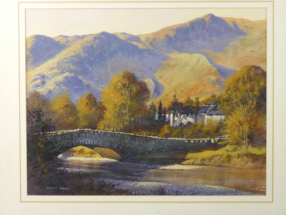 DENNIS OAKES watercolour - bridge over the Dyfi at Machynlleth with figures and a mountain backdrop,