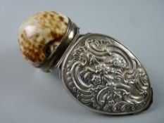 A TIGER COWRIE SHELL adapted to a snuff box with a fine white metal band and hinged scrolled and