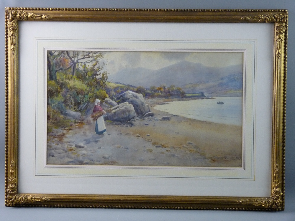 WARREN WILLIAMS ARCA watercolour - Conwy Valley river scene with two fishermen in a boat and a young