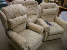 A QUALITY MODERN THREE PIECE LOUNGE SUITE of two seater wing backed settee and two reclining