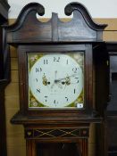 A CIRCA 1800 INLAID OAK LONGCASE CLOCK by Thomas Heywood, Bangor, the single door hood with swan