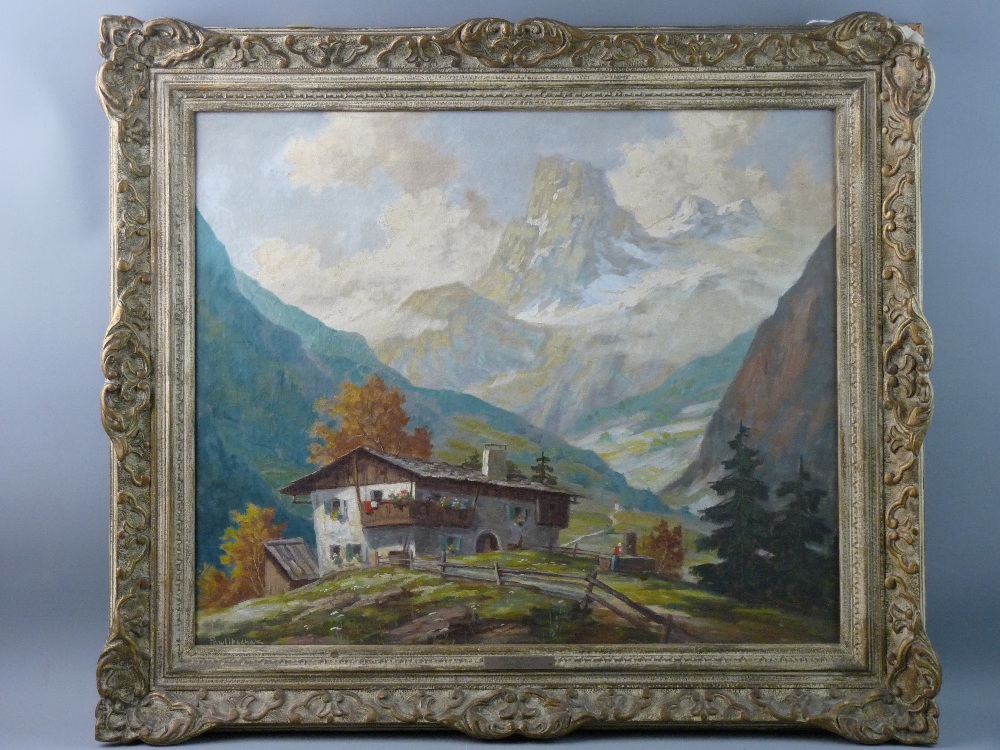 _ PAWLITSCHEK oil on canvas - Alpine scene with figure outside a chalet, signed and with title to